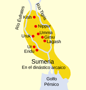 Mapa de las ciudades del Sur de Sumer
