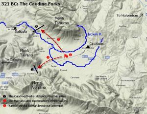 Mapa de la posición y rutas de los romanos en el valle de Caudium